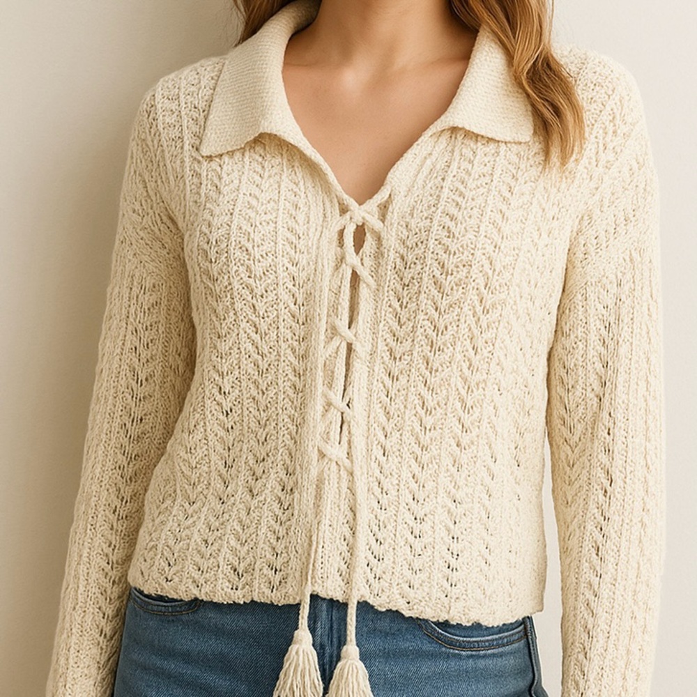 American Eagle Cream Open Knit Collared Sweater — Size XL - Picture 10 of 10
